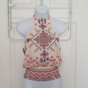 Papaya Peach Halter Neck Printed Blouse with Red and Black Accents